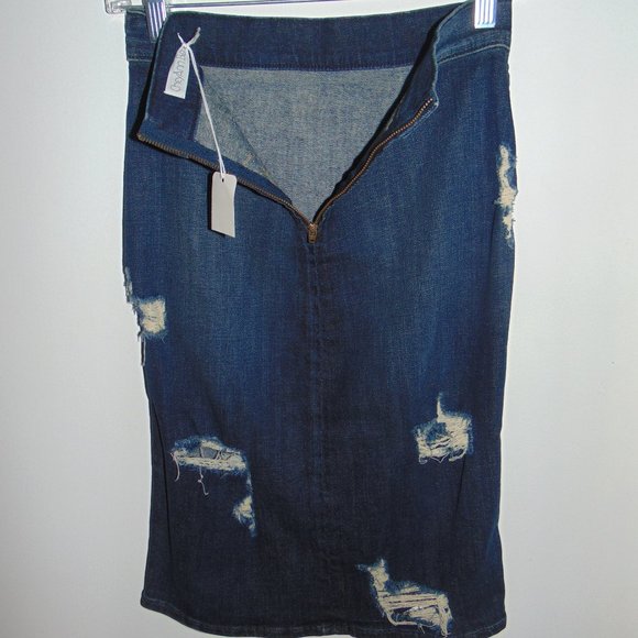 Cheyann Benedict Dark Wash Blue Denim Jean Straight Pencil Skirt Distressed 26"W - Picture 5 of 7